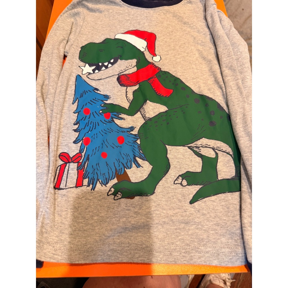 Carters Kids Christmas Dinosaur Pajama Top Gray Long Sleeve T-Rex Santa Hat 10